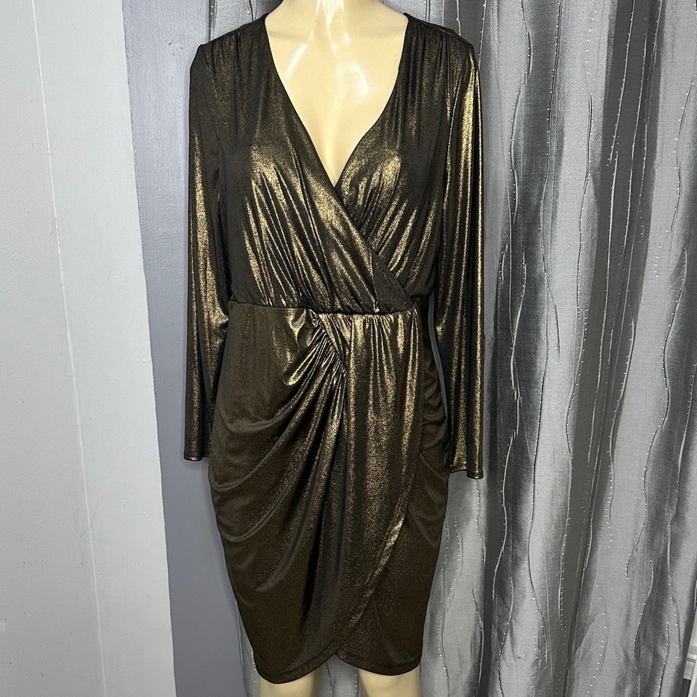 Thalia Sodi Women’s Sz L Shimmering Gold Long Sleeve Dress